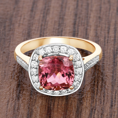 Bids.com 2.71 Carat Genuine Royal Pink Tourmaline and White Diamond 14K Yellow Gold Ring Rings Dim Gray size 7.00,size 6.00,size 8.00
