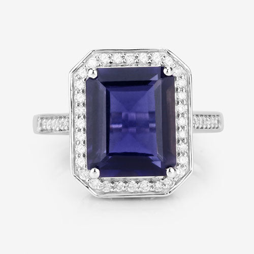 Bids.com 3.70 Carat Genuine Iolite and White Diamond 14K White Gold Ring Rings White Smoke size 6.00,size 7.00,size 8.00,size 9.00