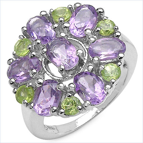 Bids.com 3.61 Carat Genuine Amethyst and Peridot .925 Sterling Silver Ring Rings White Smoke size 6.00,size 7.00,size 8.00,size 9.00,size 5.00