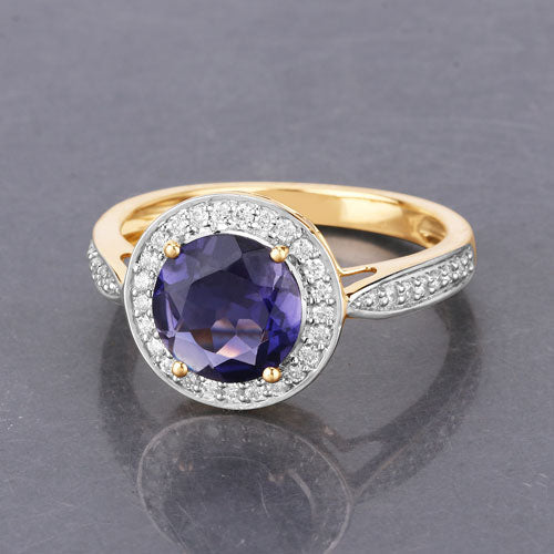 Bids.com 1.79 Carat Genuine Iolite and White Diamond 14K Yellow Gold Ring Rings Slate Gray size 6.00,size 7.00,size 8.00,size 9.00