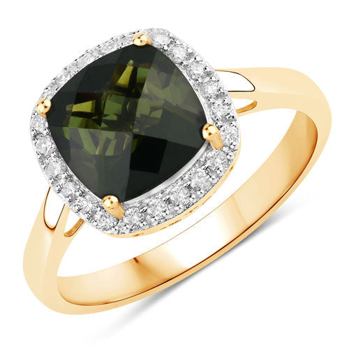Bids.com 2.64 Carat Genuine Green Tourmaline and White Diamond 14K Yellow Gold Ring Rings White Smoke size 6.00,size 7.00,size 8.00,size 9.00