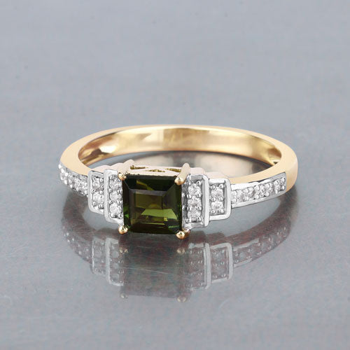 Bids.com 0.72 Carat Genuine Green Tourmaline and White Diamond 14K Yellow Gold Ring Rings Dark Gray size 6.00,size 7.00,size 8.00,size 9.00