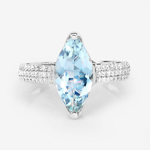 Bids.com 2.09 Carat Genuine Aquamarine and White Diamond 14K White Gold Ring Rings White Smoke size 6.00,size 7.00,size 8.00,size 9.00