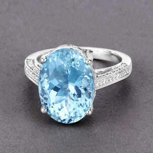 Bids.com 8.84 Carat Genuine Aquamarine and White Diamond 14K White Gold Ring Rings Dim Gray size 6.00,size 7.00,size 8.00