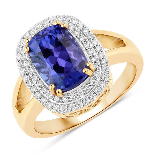 Bids.com 3.33 Carat Genuine Tanzanite and White Diamond 14K Yellow Gold Ring Rings White Smoke size 6.00,size 7.00,size 8.00