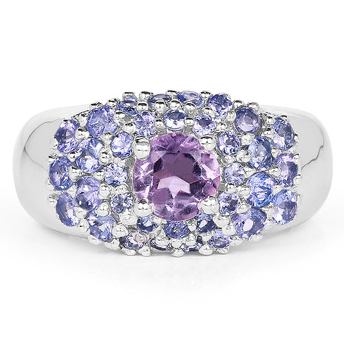 Bids.com 2.43 Carat Genuine Amethyst and Tanzanite .925 Sterling Silver Ring Rings White Smoke size 6.00,size 7.00,size 8.00,size 9.00