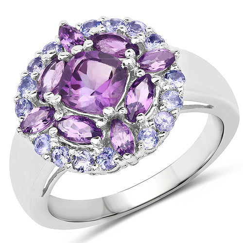Bids.com 2.19 Carat Genuine Amethyst and Tanzanite .925 Sterling Silver Ring Rings White Smoke size 8.00,size 6.00,size 7.00,size 9.00