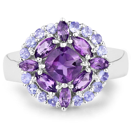 Bids.com 2.19 Carat Genuine Amethyst and Tanzanite .925 Sterling Silver Ring Rings White Smoke size 8.00,size 6.00,size 7.00,size 9.00