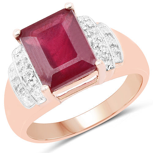 Bids.com 14K Rose Gold Plated 4.26 Carat Genuine Glass Filled Ruby and White Topaz .925 Sterling Silver Ring Rings White Smoke size 7.00,size 8.00,size 6.00,size 9.00
