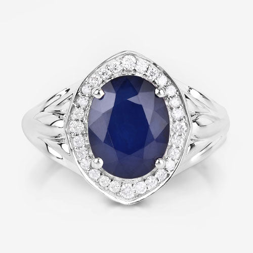 Bids.com 3.31 Carat Genuine Blue Sapphire and White Diamond 14K White Gold Ring Rings White Smoke size 6.00,size 7.00,size 8.00