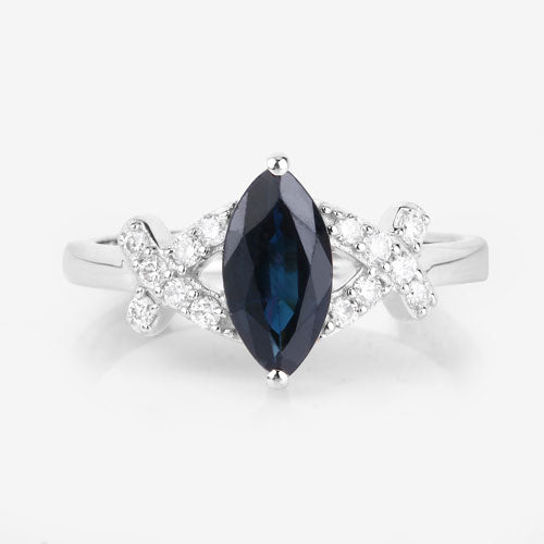 Bids.com 1.50 Carat Genuine Blue Sapphire and White Diamond 14K White Gold Ring Rings White Smoke size 6.00,size 7.00,size 8.00