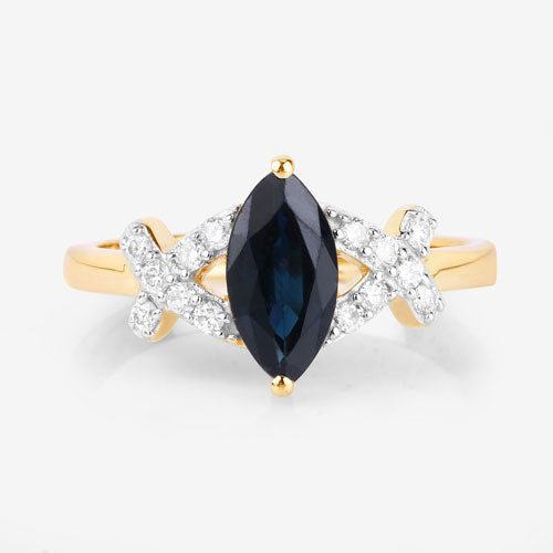 Bids.com 1.50 Carat Genuine Blue Sapphire and White Diamond 14K Yellow Gold Ring Rings White Smoke size 6.00,size 7.00,size 8.00