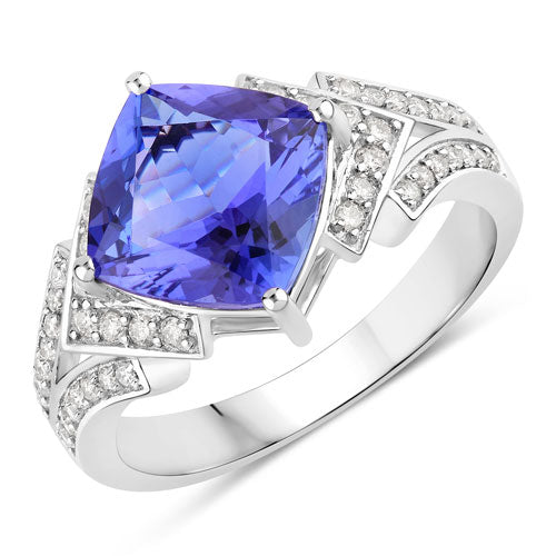 Bids.com 3.43 Carat Genuine Tanzanite and White Diamond 14K White Gold Ring Rings White Smoke size 6.00,size 7.00,size 8.00