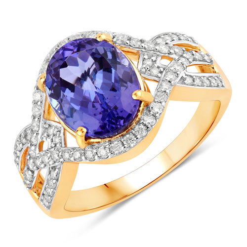 Bids.com 3.56 Carat Genuine Tanzanite and White Diamond 14K Yellow Gold Ring Rings White Smoke size 6.00,size 7.00,size 8.00