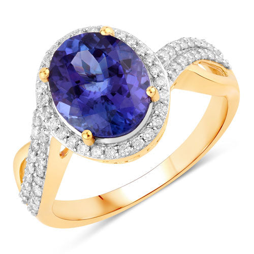 Bids.com 2.79 Carat Genuine Tanzanite and White Diamond 14K Yellow Gold Ring Rings White Smoke size 6.00,size 7.00,size 8.00