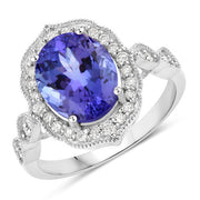 Bids.com 3.85 Carat Genuine Tanzanite and White Diamond 14K White Gold Ring Rings White Smoke size 6.00,size 7.00,size 8.00