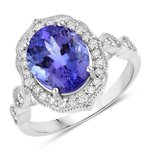 Bids.com 3.85 Carat Genuine Tanzanite and White Diamond 14K White Gold Ring Rings White Smoke size 6.00,size 7.00,size 8.00
