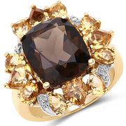 Bids.com 14K Yellow Gold Plated 7.10 Carat Genuine Smoky Quartz, Citrine & White Topaz Brass Ring Rings White Smoke size 6.00,size 7.00,size 8.00,size 9.00,size 5.00,size 10.00