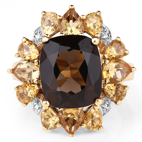 Bids.com 14K Yellow Gold Plated 7.10 Carat Genuine Smoky Quartz, Citrine & White Topaz Brass Ring Rings White Smoke size 6.00,size 7.00,size 8.00,size 9.00,size 5.00,size 10.00