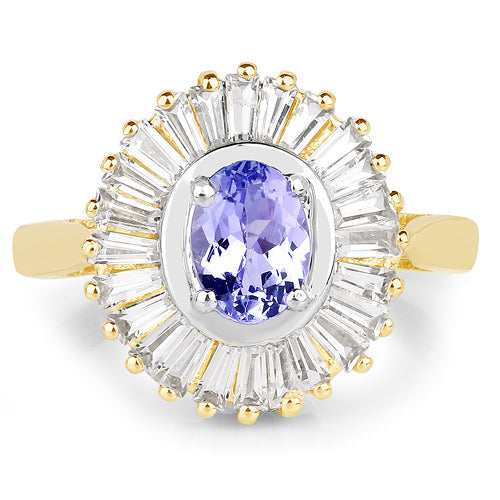 Bids.com 14K Yellow Gold Plated 2.16 Carat Genuine Tanzanite & White Topaz .925 Sterling Silver Ring Rings White Smoke size 6.00,size 7.00,size 8.00,size 9.00,size 5.00