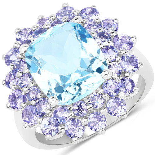 Bids.com 11.22 Carat Genuine Blue Topaz and Tanzanite .925 Sterling Silver Ring Rings White Smoke size 5.00,size 6.00,size 7.00,size 8.00,size 9.00