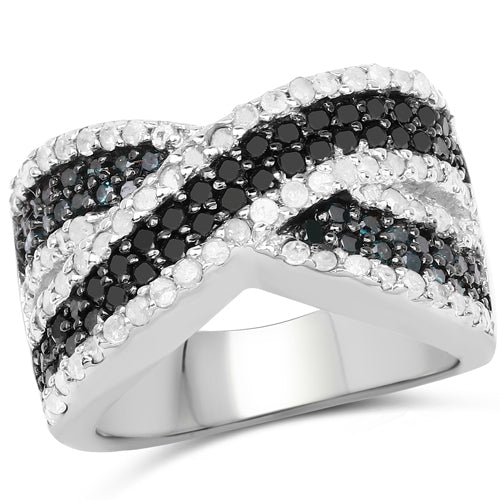 Bids.com 1.57 Carat Genuine Blue Diamond, White Diamond & Black Diamond .925 Sterling Silver Ring Rings White Smoke size 6.00,size 7.00,size 8.00,size 9.00,size 5.00,size 10.00