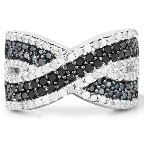 Bids.com 1.57 Carat Genuine Blue Diamond, White Diamond & Black Diamond .925 Sterling Silver Ring Rings White Smoke size 6.00,size 7.00,size 8.00,size 9.00,size 5.00,size 10.00