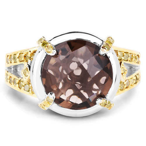 Bids.com 3.28 Carat Genuine Smoky Quartz and Yellow Diamond .925 Sterling Silver Ring Rings White Smoke size 6.00,size 7.00,size 8.00,size 9.00