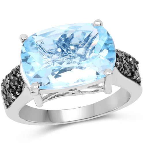 Bids.com 3.96 Carat Genuine Baby Swiss Blue Topaz and Black Diamond .925 Sterling Silver Ring Rings White Smoke size 6.00,size 7.00,size 8.00,size 9.00