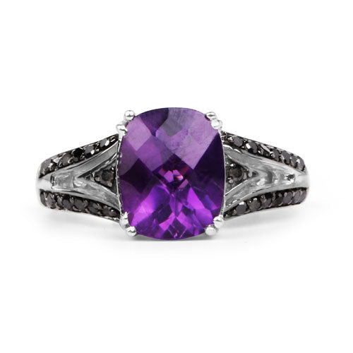 Bids.com 2.87 Carat Genuine Amethyst and Black Diamond .925 Sterling Silver Ring Rings White Smoke size 6.00,size 7.00,size 8.00,size 9.00,size 5.00