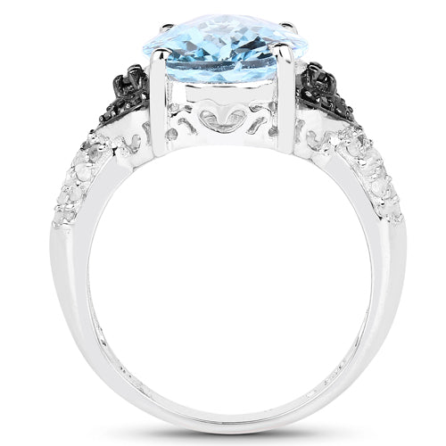 Bids.com 5.37 Carat Genuine Swiss Blue Topaz, Black Diamond & White Topaz .925 Sterling Silver Ring Rings White Smoke size 6.00,size 7.00,size 8.00,size 9.00,size 5.00,size 10.00