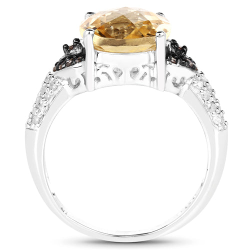 Bids.com 4.65 Carat Genuine Citrine, Champagne Diamond & White Diamond .925 Sterling Silver Ring Rings White Smoke size 7.00,size 8.00,size 6.00,size 9.00,size 5.00,size 10.00