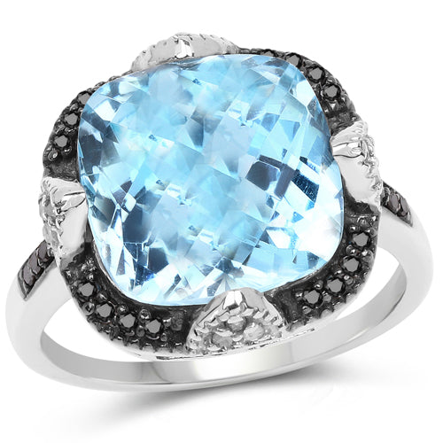 Bids.com 8.29 Carat Genuine Swiss Blue Topaz, Black Diamond & White Diamond .925 Sterling Silver Ring Rings White Smoke size 6.00,size 7.00,size 8.00,size 9.00,size 5.00,size 10.00