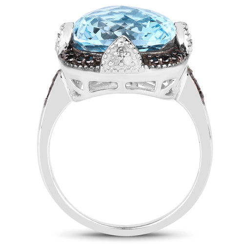 Bids.com 8.29 Carat Genuine Swiss Blue Topaz, Black Diamond & White Diamond .925 Sterling Silver Ring Rings White Smoke size 6.00,size 7.00,size 8.00,size 9.00,size 5.00,size 10.00