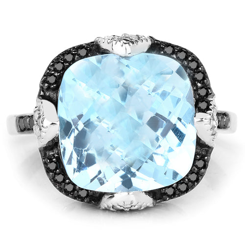 Bids.com 8.29 Carat Genuine Swiss Blue Topaz, Black Diamond & White Diamond .925 Sterling Silver Ring Rings White Smoke size 6.00,size 7.00,size 8.00,size 9.00,size 5.00,size 10.00
