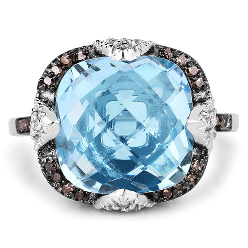 Bids.com 8.29 Carat Genuine Swiss Blue Topaz, Champagne Diamond and White Diamond .925 Sterling Silver Ring Rings White Smoke size 6.00,size 7.00,size 8.00,size 9.00,size 5.00