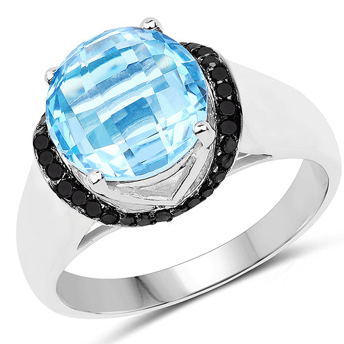 Bids.com 4.94 Carat Genuine Baby Swiss Blue Topaz and Black Diamond .925 Sterling Silver Ring Rings White Smoke size 8.00,size 6.00,size 7.00,size 9.00