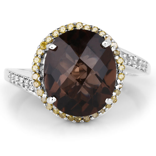 Bids.com 4.85 Carat Genuine Smoky Quartz, Yellow Diamond & White Diamond .925 Sterling Silver Ring Rings White Smoke size 6.00,size 7.00,size 8.00,size 9.00,size 5.00,size 10.00