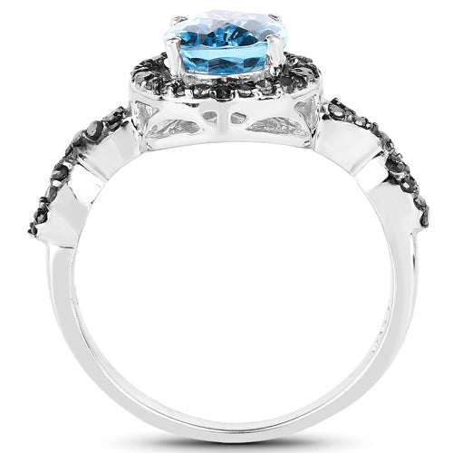 Bids.com 2.92 Carat Genuine Blue Topaz, Black Diamond & White Diamond .925 Sterling Silver Ring Rings White Smoke size 7.00,size 8.00,size 6.00,size 9.00,size 5.00,size 10.00