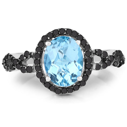 Bids.com 2.92 Carat Genuine Blue Topaz, Black Diamond & White Diamond .925 Sterling Silver Ring Rings White Smoke size 7.00,size 8.00,size 6.00,size 9.00,size 5.00,size 10.00
