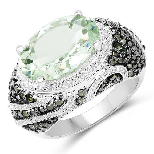 Bids.com 5.98 Carat Genuine Green Amethyst & Green Diamond .925 Sterling Silver Ring Rings White Smoke size 5.00,size 6.00,size 8.00,size 9.00,size 7.00,size 10.00