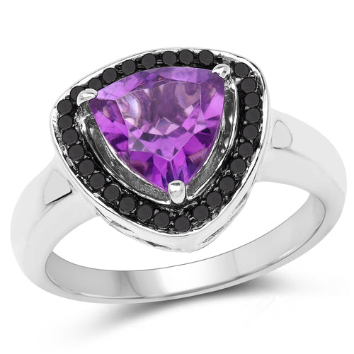 Bids.com 1.56 Carat Genuine Amethyst and Black Diamond .925 Sterling Silver Ring Rings White Smoke size 7.00,size 8.00,size 6.00,size 9.00