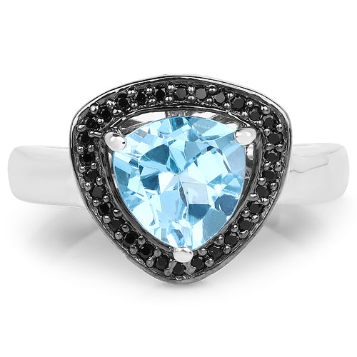 Bids.com 2.06 Carat Genuine Swiss Blue Topaz and Black Diamond .925 Sterling Silver Ring Rings White Smoke size 7.00,size 9.00,size 6.00,size 8.00,size 5.00