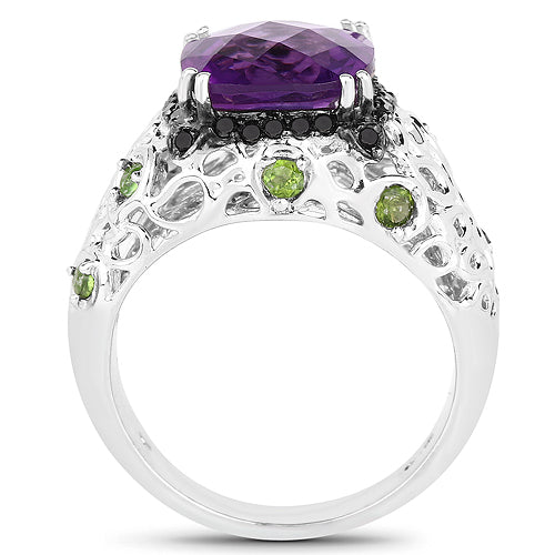 Bids.com 3.27 Carat Genuine Amethyst, Chrome Diopside & Black Diamond .925 Sterling Silver Ring Rings White Smoke size 6.00,size 8.00,size 7.00,size 5.00,size 9.00,size 10.00