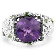 Bids.com 3.27 Carat Genuine Amethyst, Chrome Diopside & Black Diamond .925 Sterling Silver Ring Rings White Smoke size 6.00,size 8.00,size 7.00,size 5.00,size 9.00,size 10.00