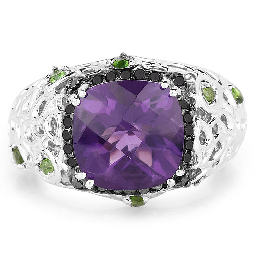 Bids.com 3.27 Carat Genuine Amethyst, Chrome Diopside & Black Diamond .925 Sterling Silver Ring Rings White Smoke size 6.00,size 8.00,size 7.00,size 5.00,size 9.00,size 10.00