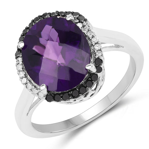 Bids.com 4.52 Carat Genuine Amethyst, Black Diamond & White Diamond .925 Sterling Silver Ring Rings White Smoke size 8.00,size 6.00,size 7.00,size 9.00,size 5.00,size 10.00
