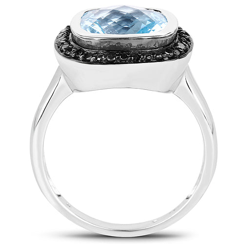 Bids.com 5.23 Carat Genuine Baby Swiss Blue Topaz and Black Diamond .925 Sterling Silver Ring Rings White Smoke size 6.00,size 7.00,size 8.00,size 9.00