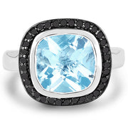Bids.com 5.23 Carat Genuine Baby Swiss Blue Topaz and Black Diamond .925 Sterling Silver Ring Rings White Smoke size 6.00,size 7.00,size 8.00,size 9.00