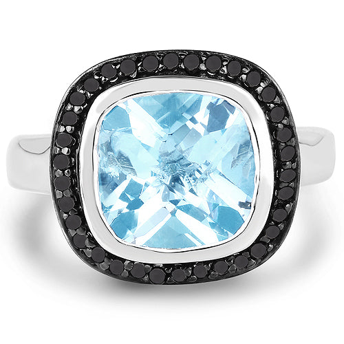 Bids.com 5.23 Carat Genuine Baby Swiss Blue Topaz and Black Diamond .925 Sterling Silver Ring Rings White Smoke size 6.00,size 7.00,size 8.00,size 9.00